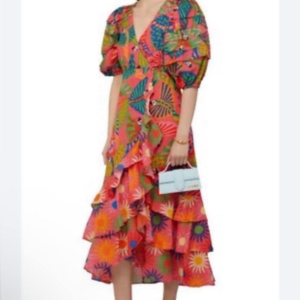 FARM Rio Red and Pink High-Low Puff Sleeve Sundress